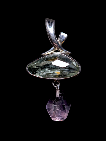 Vintage Large Genuine Green and Purple Amethyst Briolette Sterling Silver Pendant