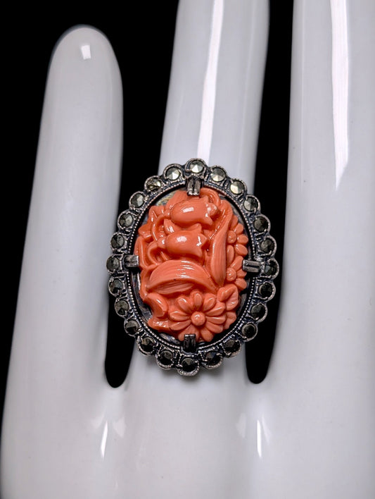 Vintage Lily of the Valley Carved Coral Pink Lucite and Marcasite Sterling Silver Ring