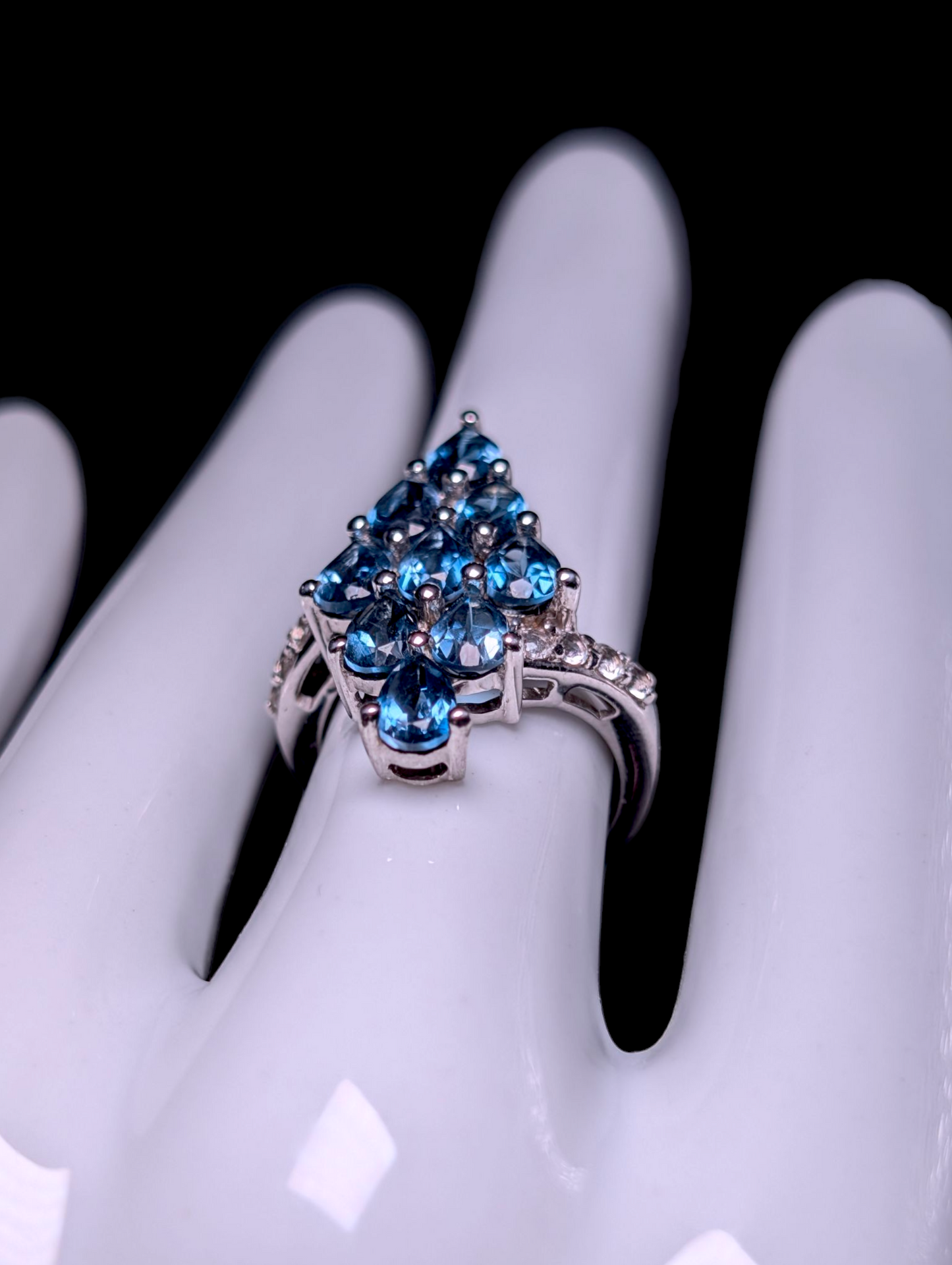 Vintage 4.5 Carat Waterfall Cluster Pear Cut Genuine London Blue Topaz and White Topaz Sterling Silver Ring