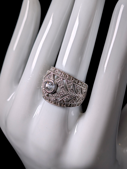 Vintage Edwardian Inspired Genuine White Topaz Sterling Silver Wide Band Ring