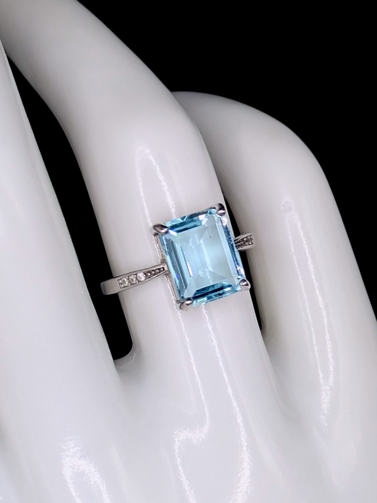Vintage Emerald Cut Simulated Blue Topaz Solitaire Sterling Silver Ring