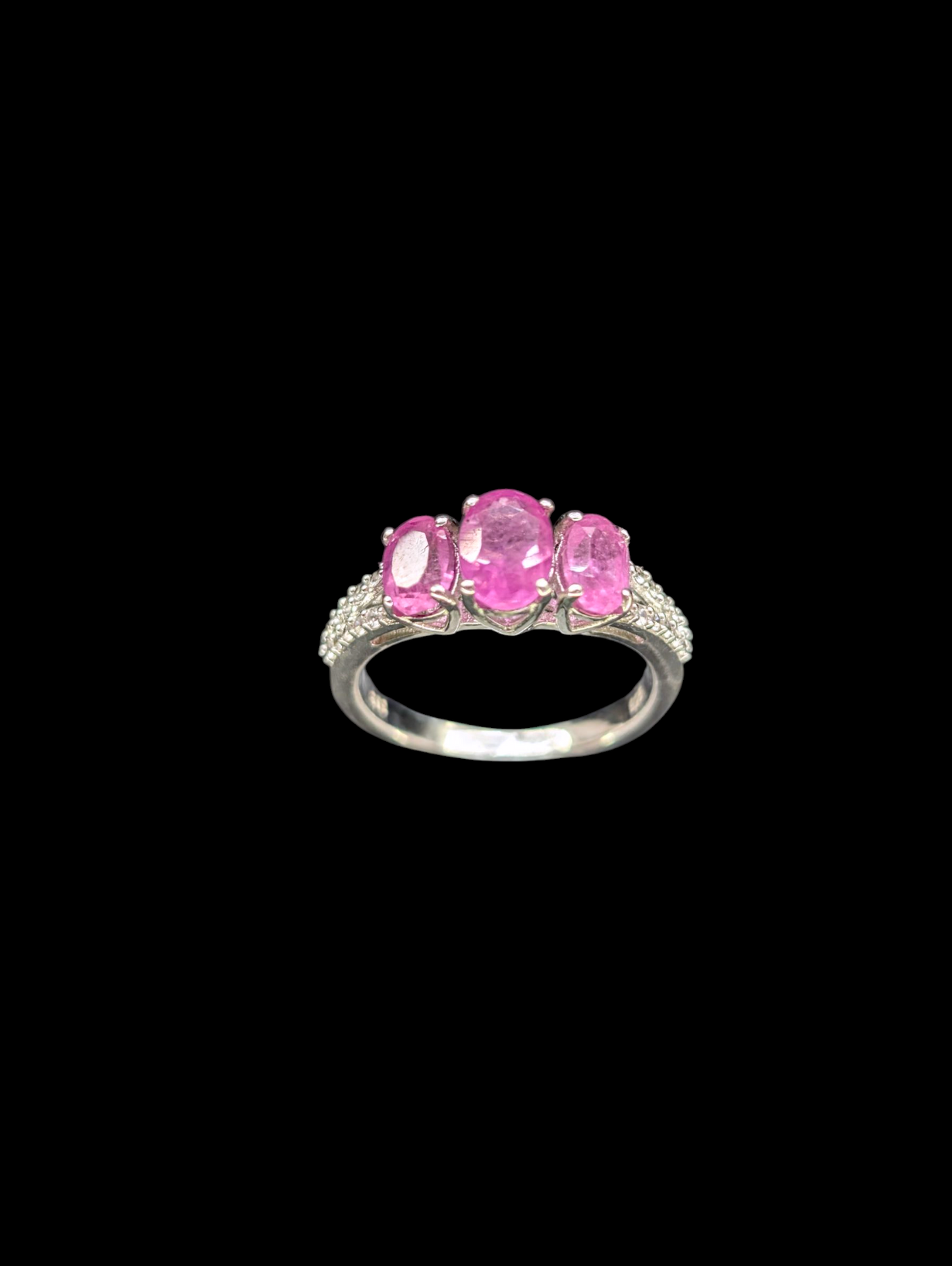 Vintage Three Stone Genuine Ruby and White Topaz Split Shank Sterling Silver Ring