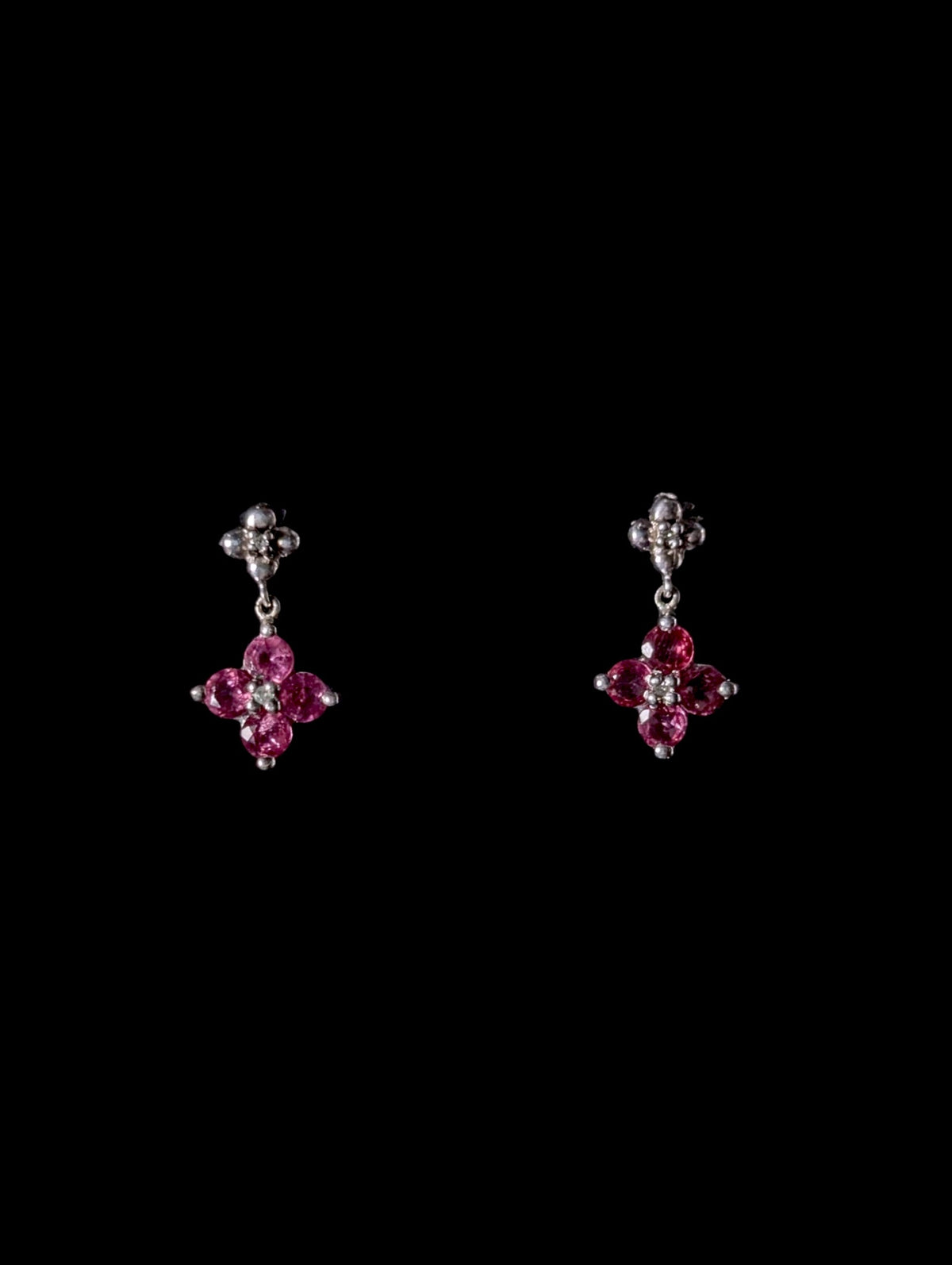 Vintage Flower Genuine Pink Sapphire and Diamond Sterling Silver Drop Earrings