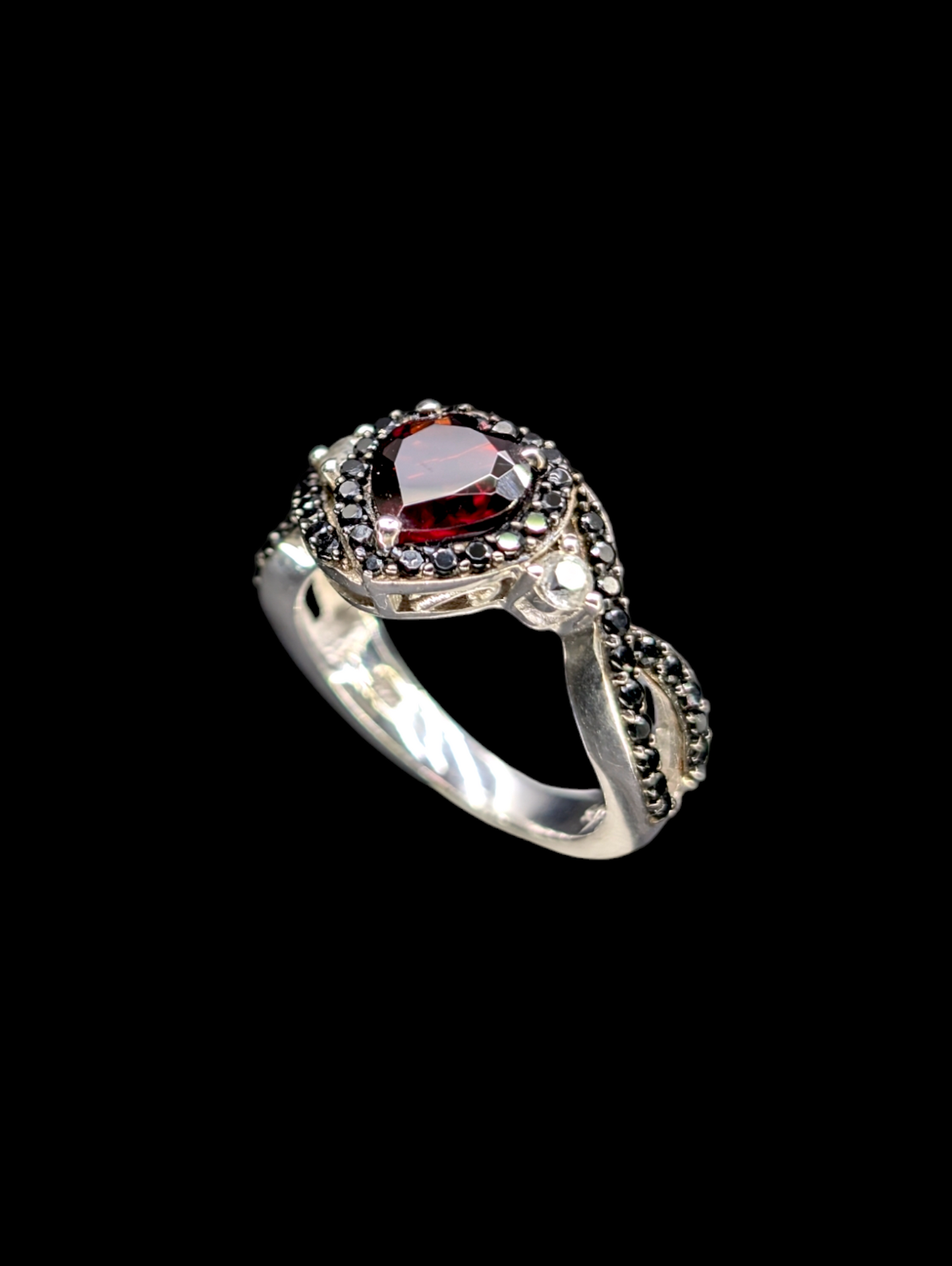 Vintage Infinity Heart Genuine Garnet, White Sapphire and Black Tourmaline Sterling Silver Ring