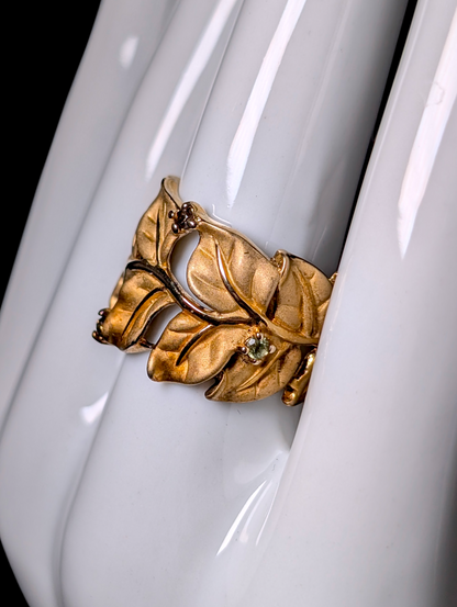 Vintage Golden Leaves with Genuine Multi-Gemstones 10kt Gold Vermeil Matte Finish Wide Band Ring