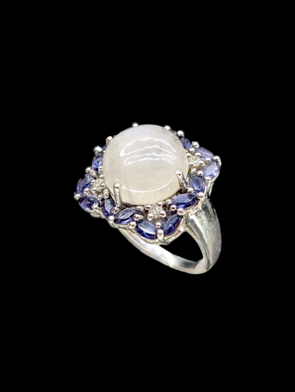 Vintage Large Genuine White Rainbow Moonstone and Tanzanite with Diamond Rhodium over Sterling Silver Ring