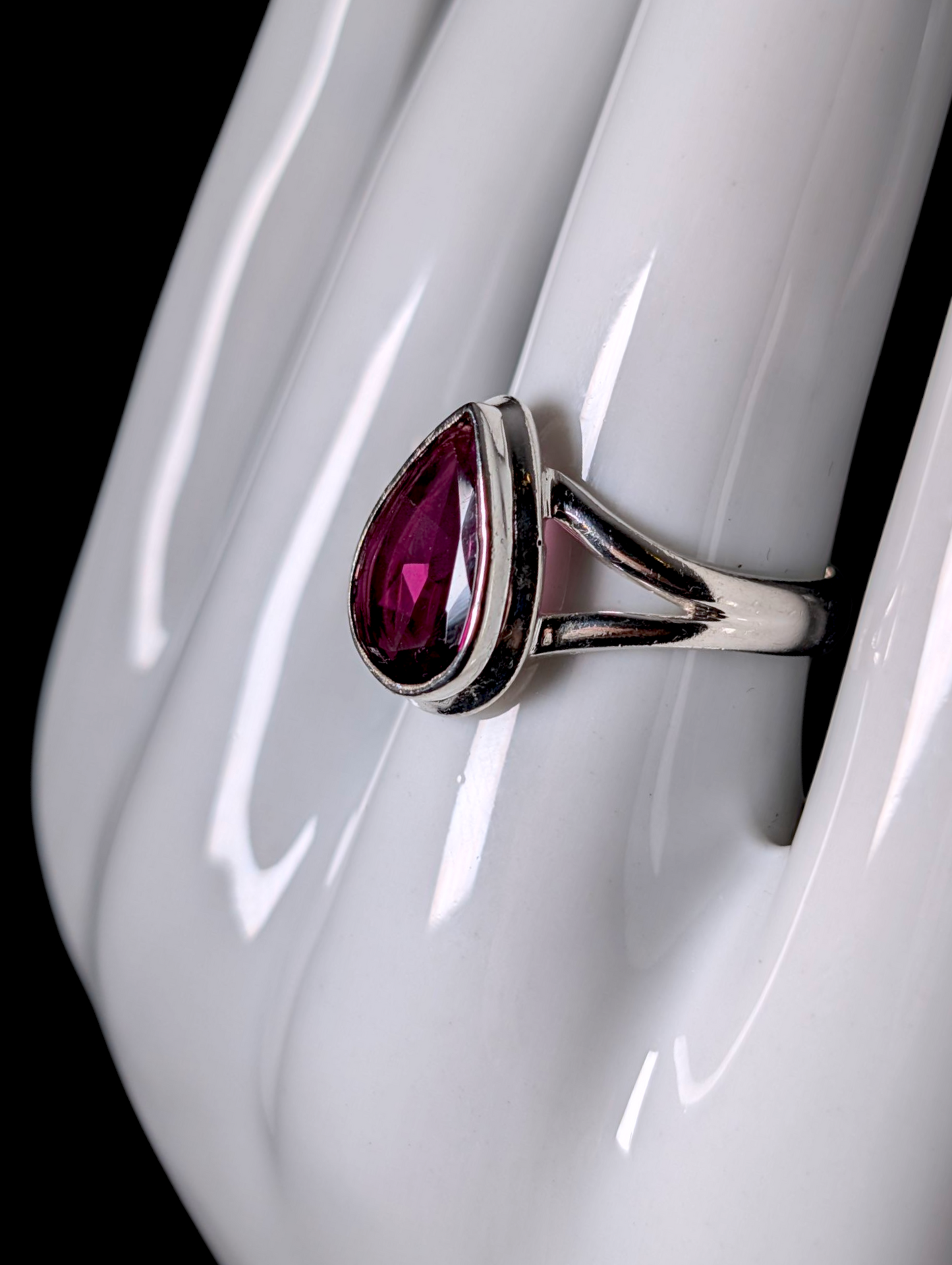 Vintage Pear Cut Genuine Rhodolite Garnet Solitaire Bezel Set Sterling Silver Ring