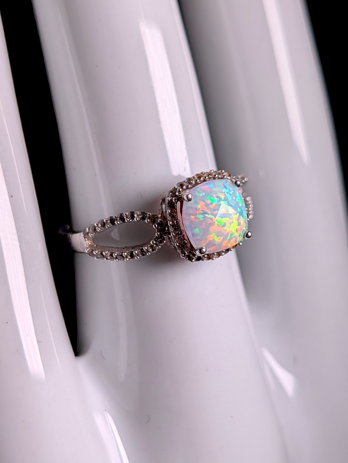 Vintage Cushion Cut Genuine Ethiopian Opal Solitaire and White Topaz Halo Split Shank 925 Sterling Silver Ring