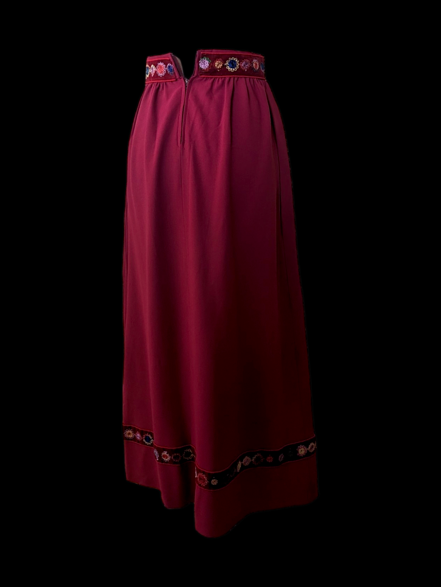 1960s High Waisted Dark Red Skirt with Floral Embroidery Trim
