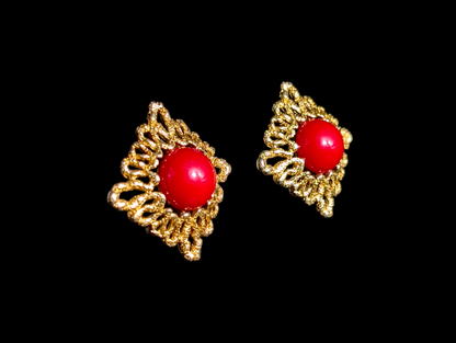 1950s-1960s Vintage Red Coral Cabochon and Gold Toned Filigree Costume Clip On Earrings