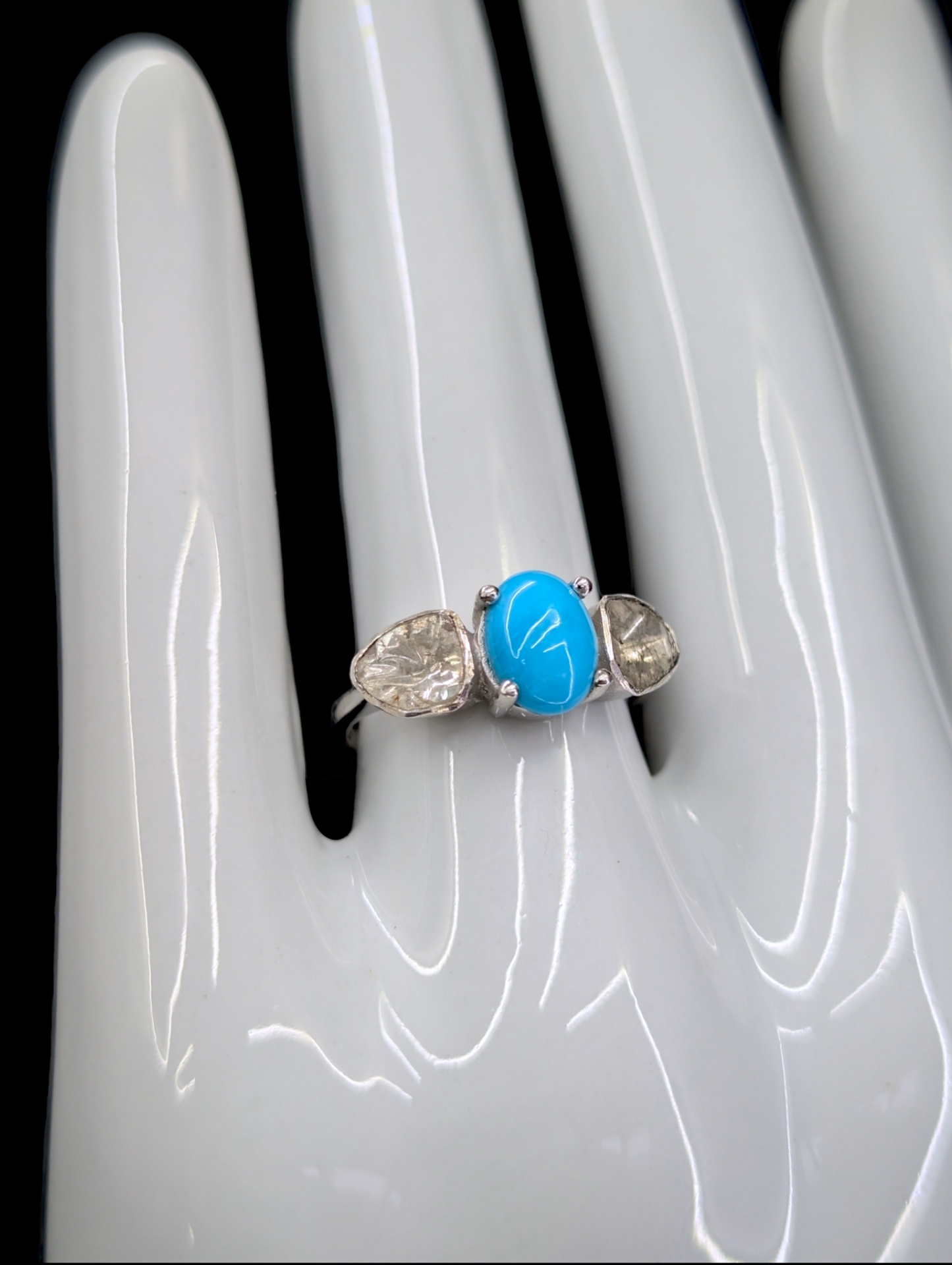 Vintage D'Joy Genuine Earth Mined Diamond and Genuine Sleeping Beauty Turquoise Sterling Silver Ring