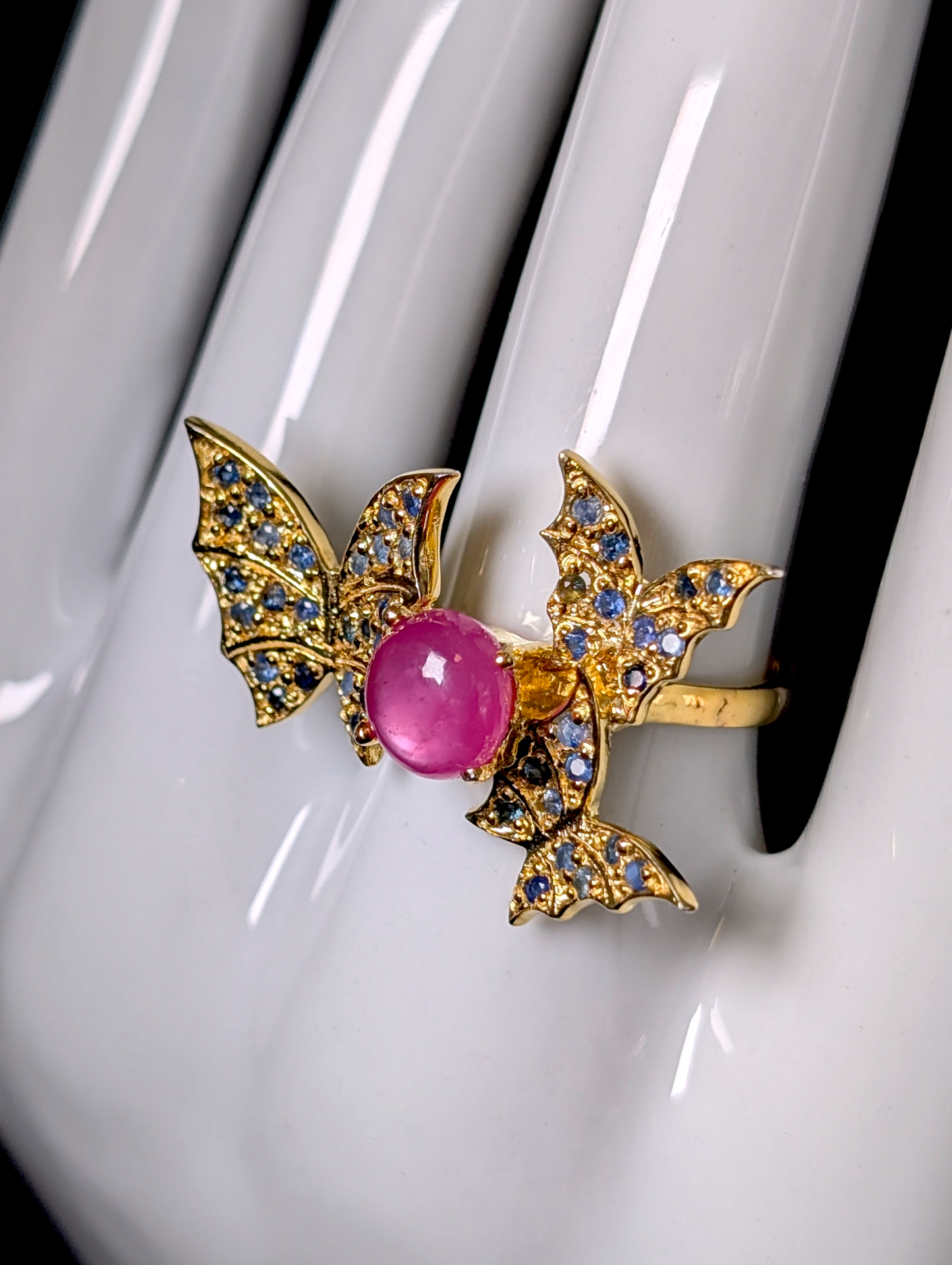 Vintage Inspired Butterflies with Verified Ruby and Blue Sapphire Gold over Sterling Silver Ring