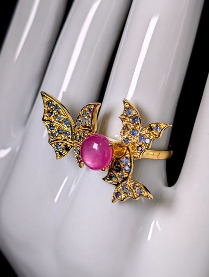 Vintage Inspired Butterflies with Verified Ruby and Blue Sapphire Gold over Sterling Silver Ring