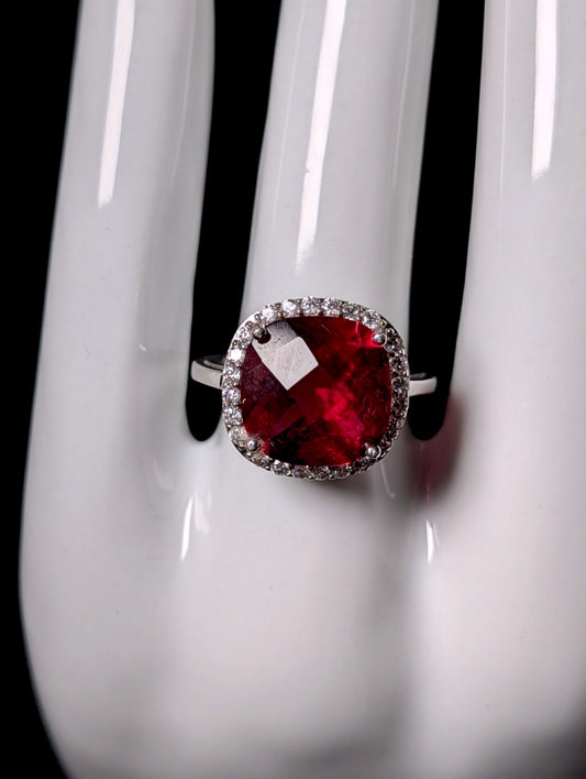Vintage Inspired Cushion Cut Simulated Ruby Solitaire and Diamond Halo Sterling Silver Ring
