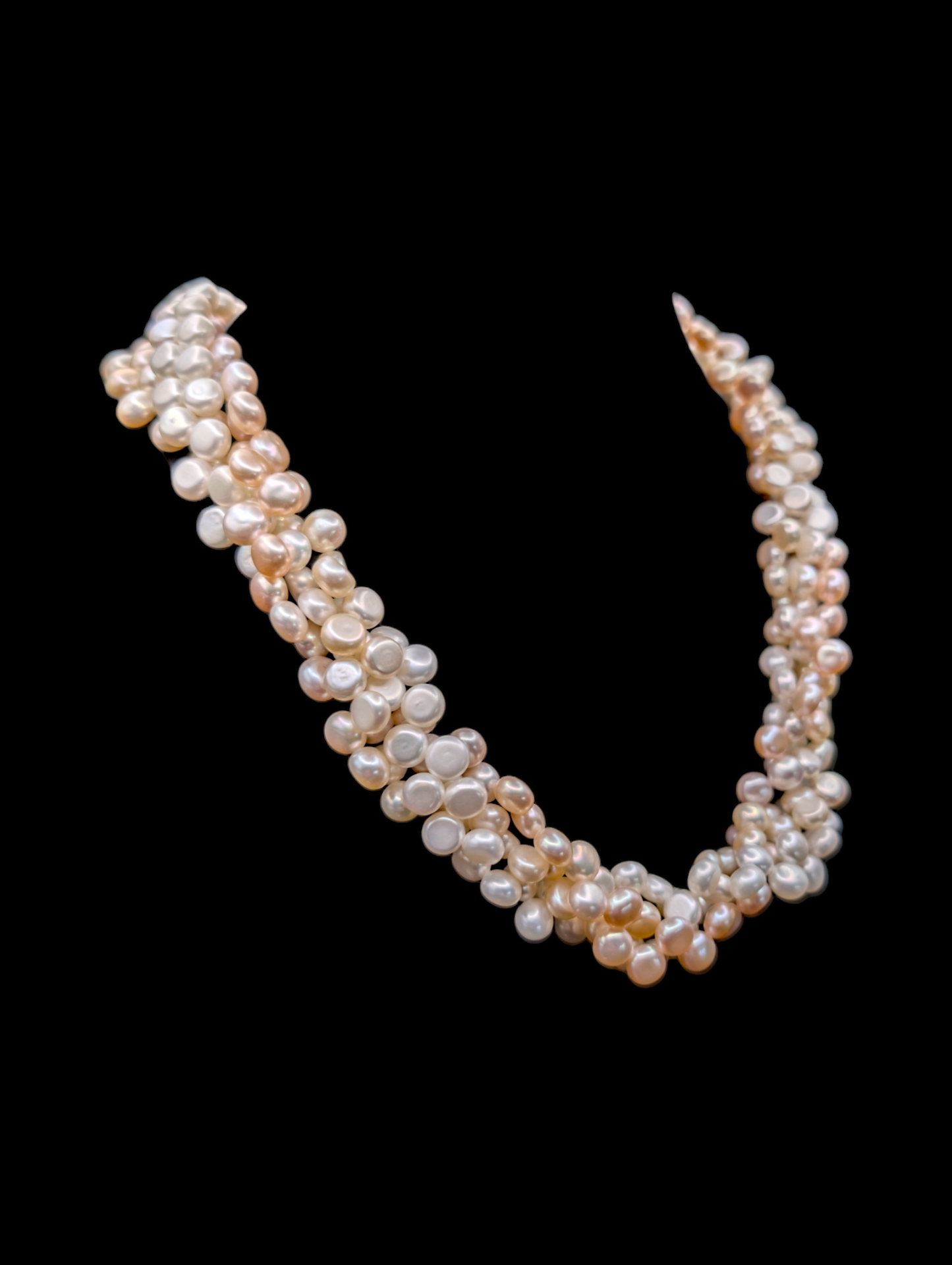 Vintage 3 Strand Ombre Coin Genuine Freshwater Pearl Necklace in White, Peach and Pink