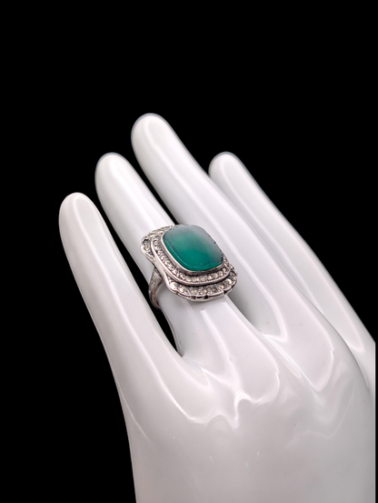 1920s Antique Art Deco Green Chrysoprase and Marcasite Sterling Silver Pinky Ring