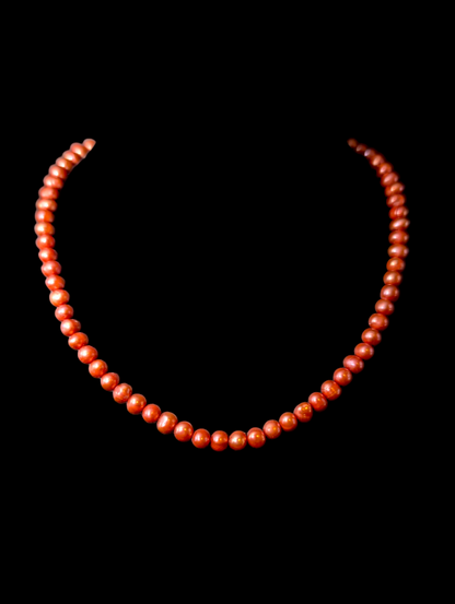 Vintage Genuine Cinnamon Orange Cultured Freshwater Pearl Oval Shaped Ringed Sterling Silver Necklace