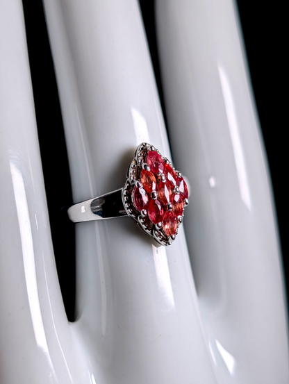 Vintage Cluster Genuine Padparadscha Orange Sapphire Sterling Silver Ring