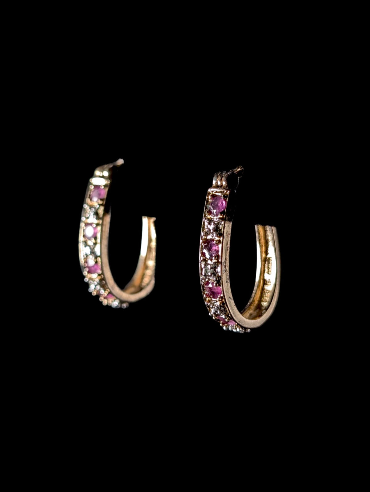 Vintage Genuine Ruby and Diamond Gold over Sterling Mini Oval Hoop Earrings