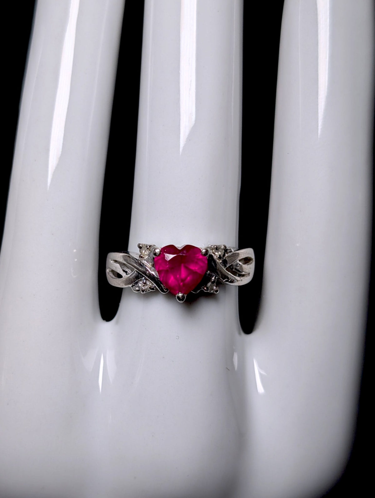 Vintage Genuine Ruby Heart Cut Solitaire with Diamond Accents Silver Toned Ring