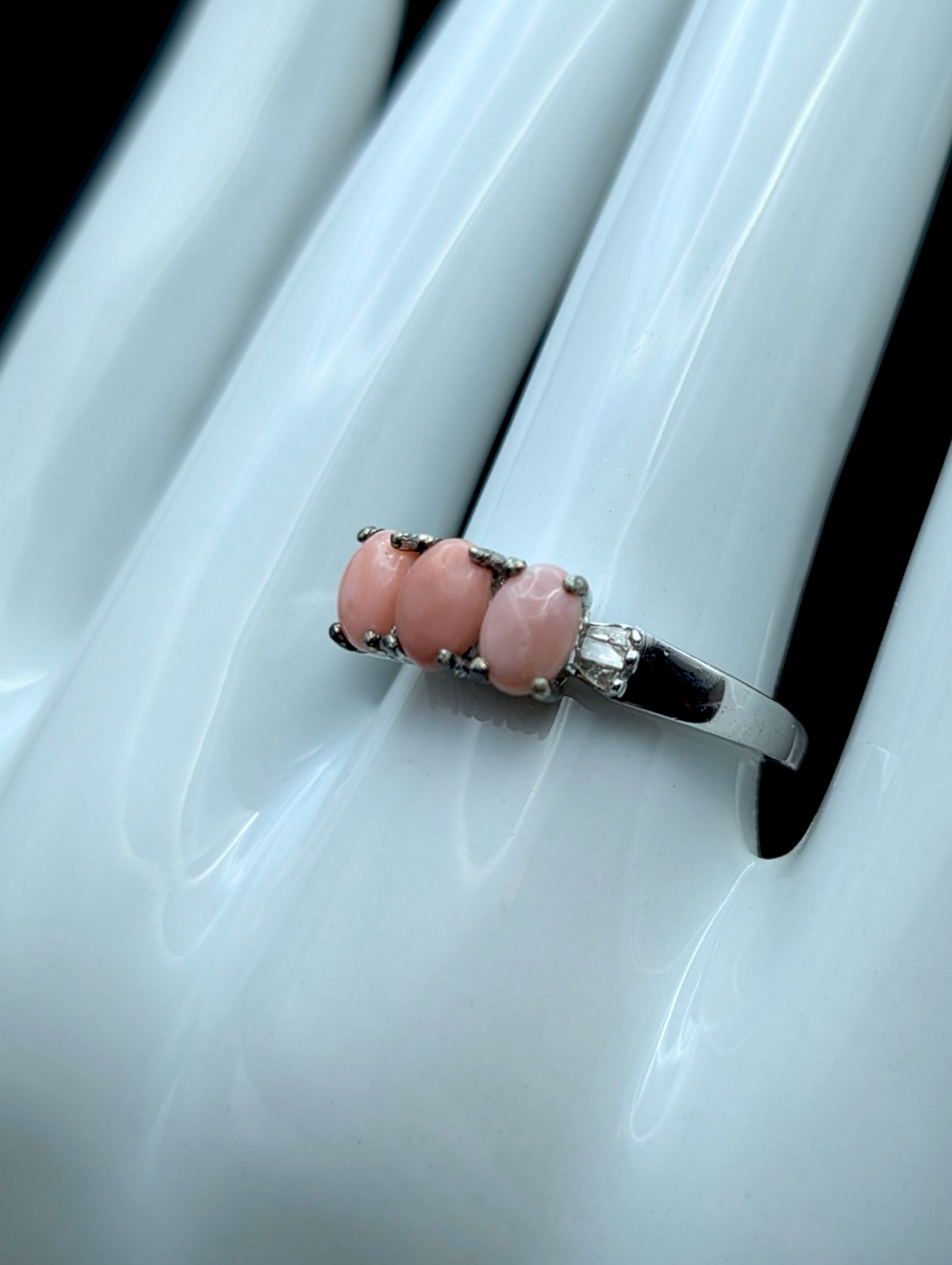 Vintage Earth Mined Genuine Pink Opal and Diamond Accent Sterling Silver Ring