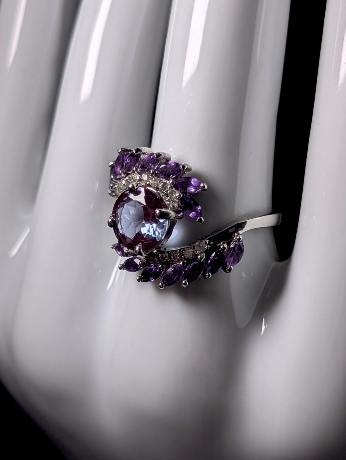 Vintage Inspired Genuine Color Changing Alexandrite, White Topaz and Amethyst Cross Over Sterling Silver Ring