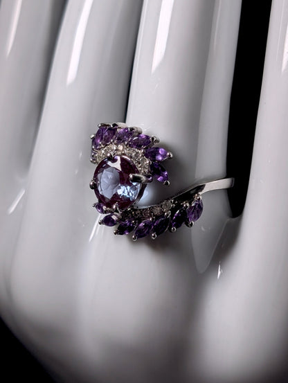 Vintage Inspired Genuine Color Changing Alexandrite, White Topaz and Amethyst Cross Over Sterling Silver Ring