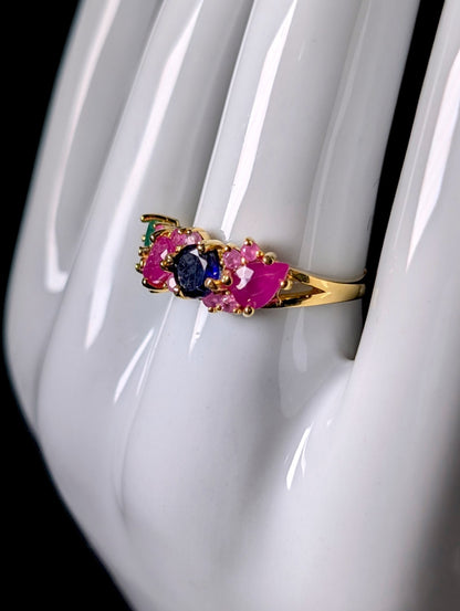 Vintage Row of Genuine Ruby, Emerald and Sapphire Gold over Sterling Ring