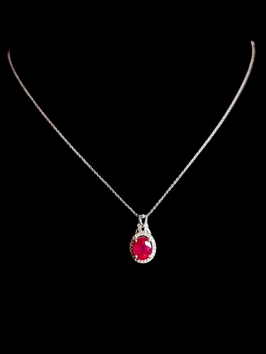 Vintage Earth Mined Genuine Ruby and White Zircon Halo Pendant and Sterling Silver Chain Necklace