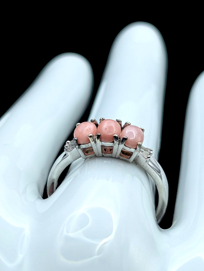 Vintage Earth Mined Genuine Pink Opal and Diamond Accent Sterling Silver Ring