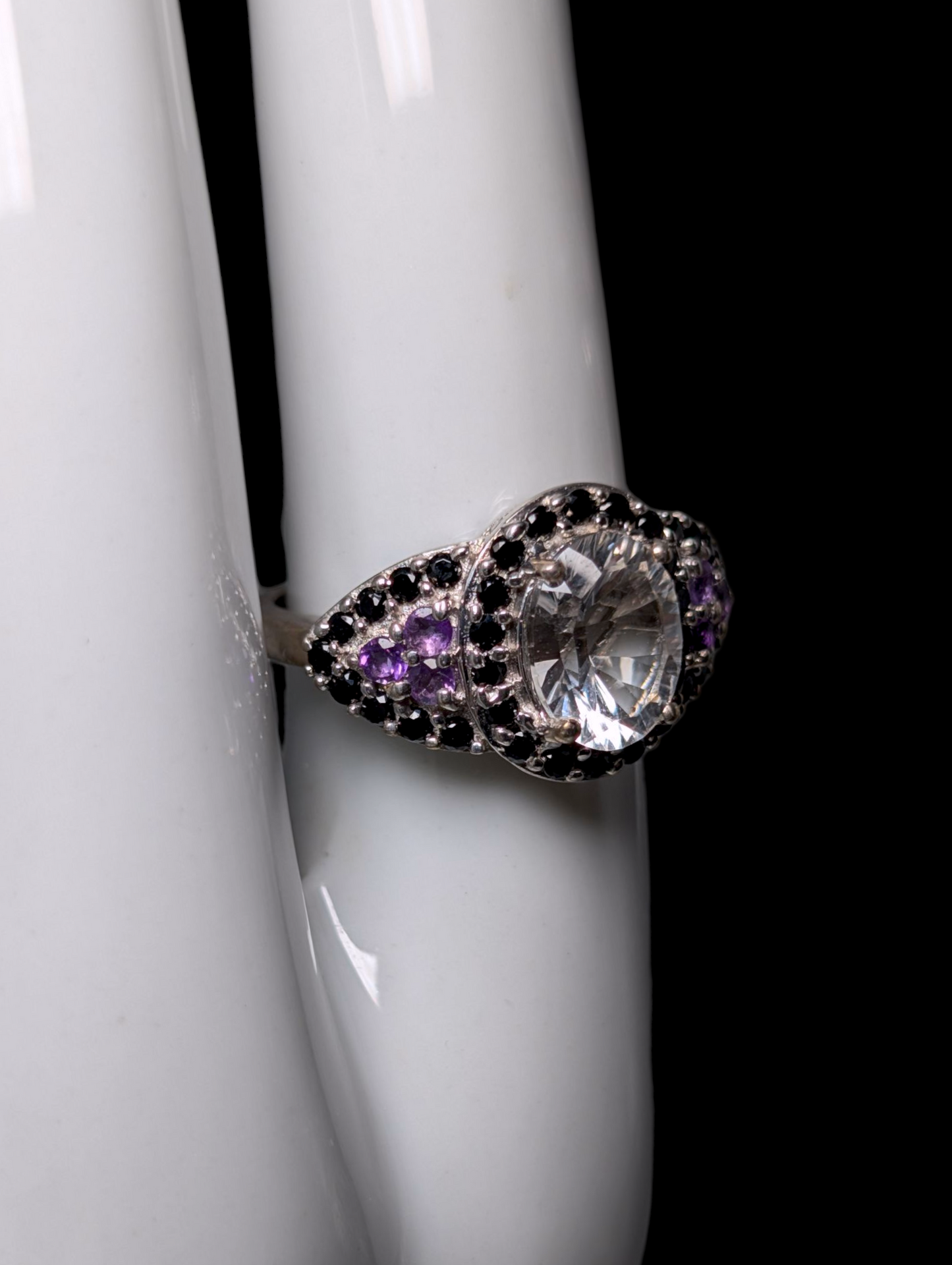 Vintage Oval Cut Earth Mined Genuine Rock Crystal Quartz Solitaire with Black Onyx Halo and Amethyst Accents Sterling Silver Ring