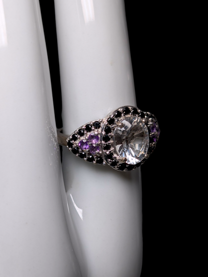 Vintage Oval Cut Earth Mined Genuine Rock Crystal Quartz Solitaire with Black Onyx Halo and Amethyst Accents Sterling Silver Ring