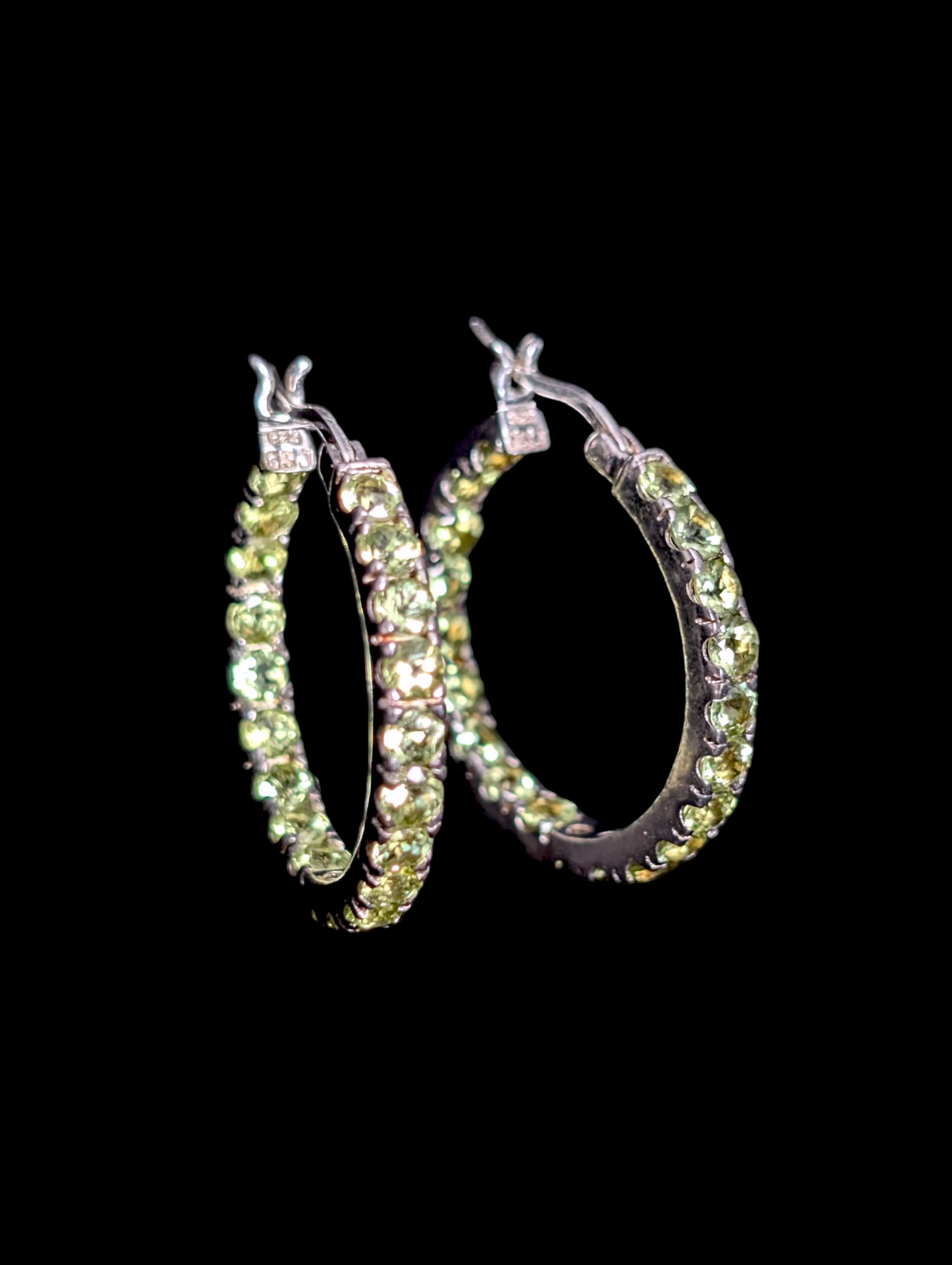 Vintage Gold Stone Jewelry Inside Out Genuine Green Peridot Sterling Silver Round Hoop Earrings
