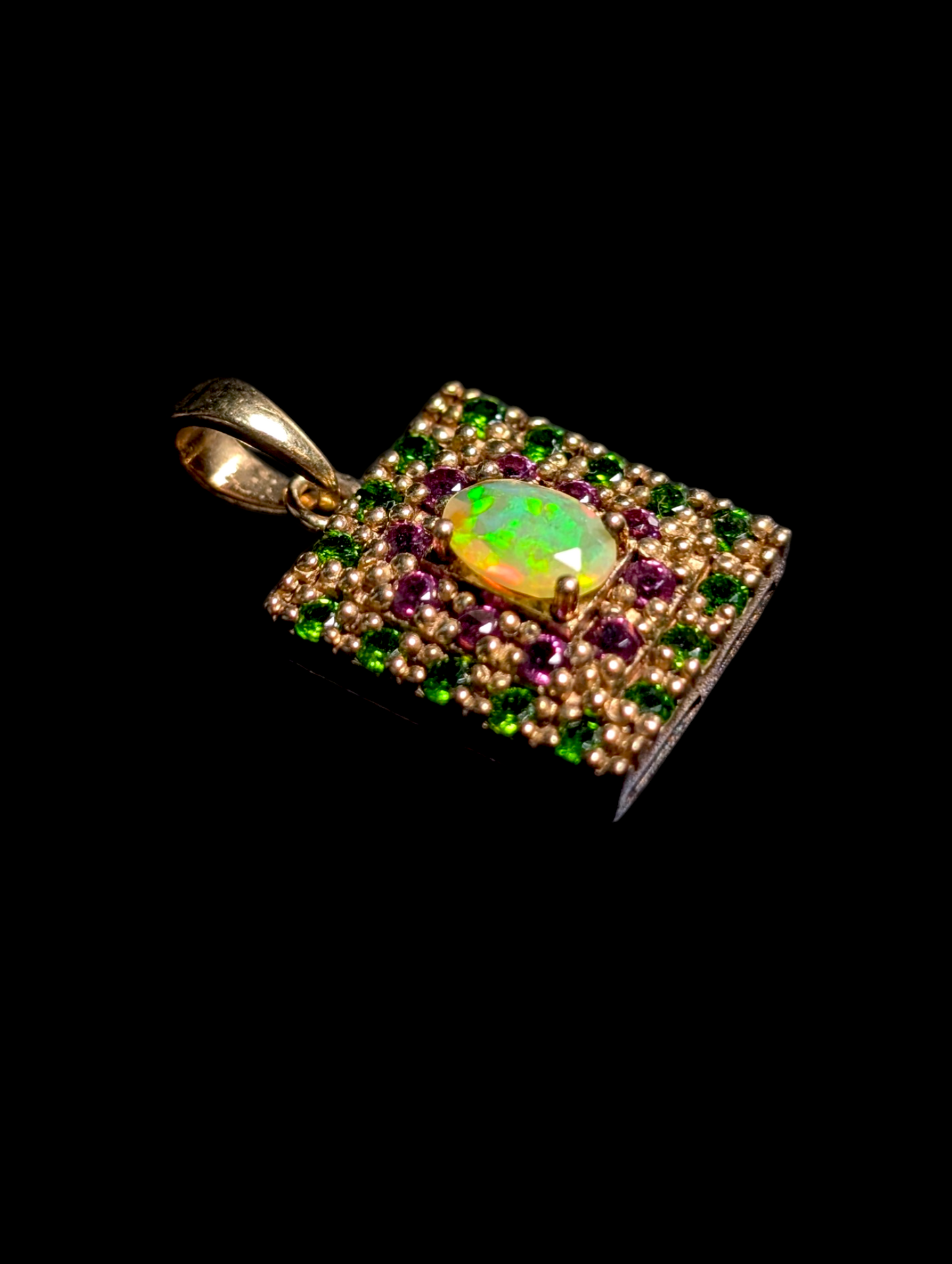 Vintage Genuine Ethiopian Opal Solitaire, Emerald, and Pink Tourmaline Double Halo 14k Gold over Sterling Silver Square Shaped Pendant