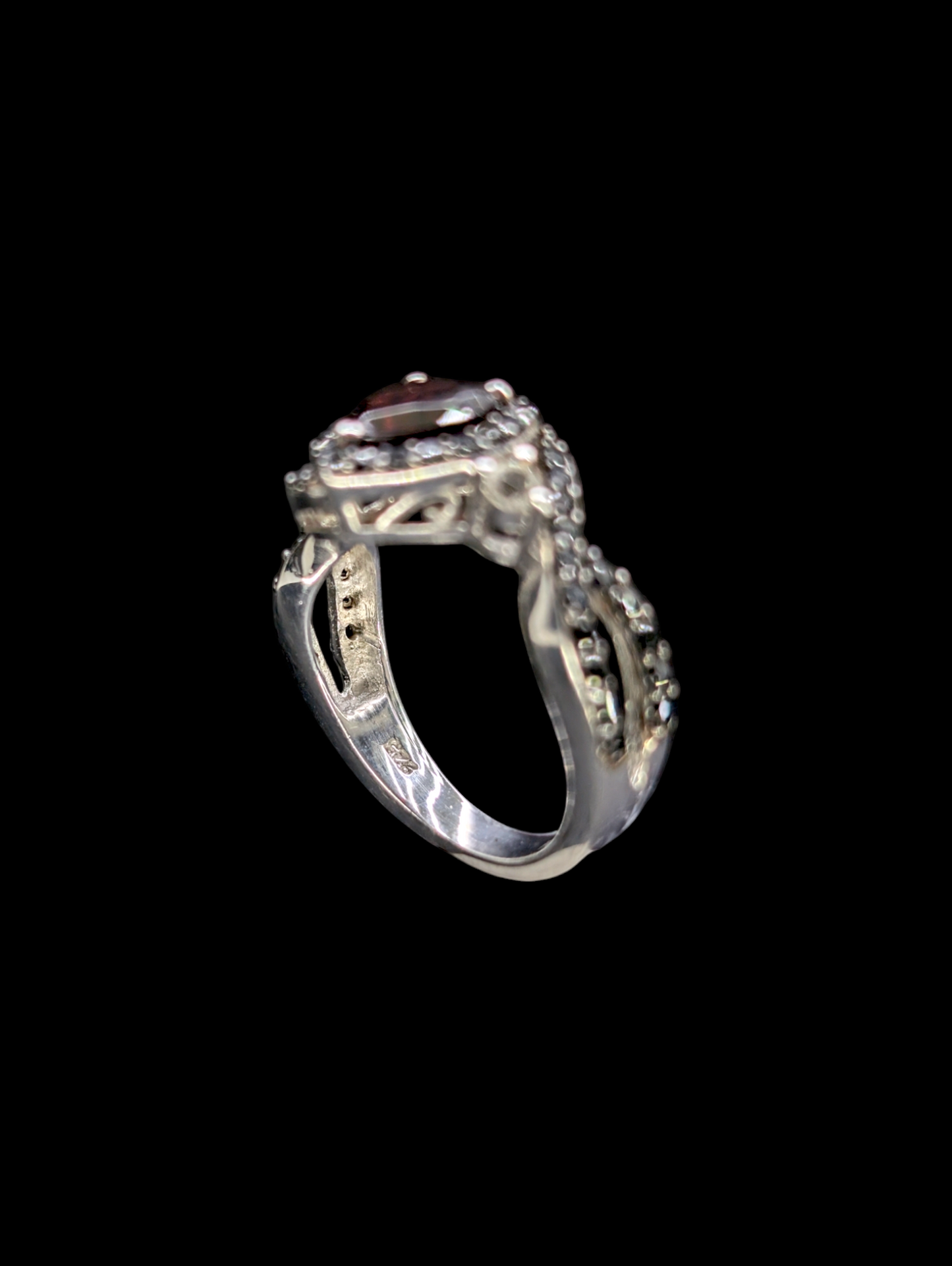 Vintage Infinity Heart Genuine Garnet, White Sapphire and Black Tourmaline Sterling Silver Ring