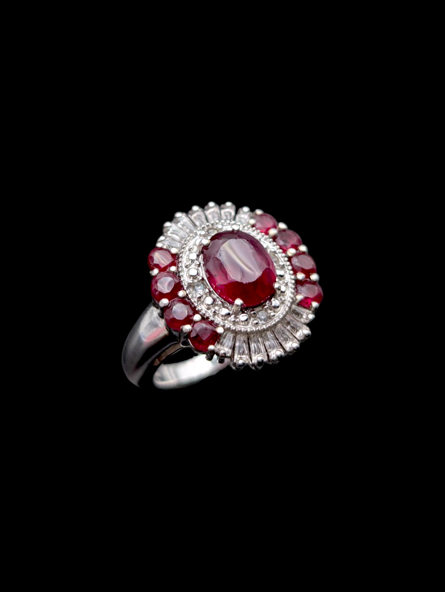 Vintage Art Deco Inspired Earth Mined Genuine Ruby and White Topaz Halo Rhodium over Sterling Silver Ring