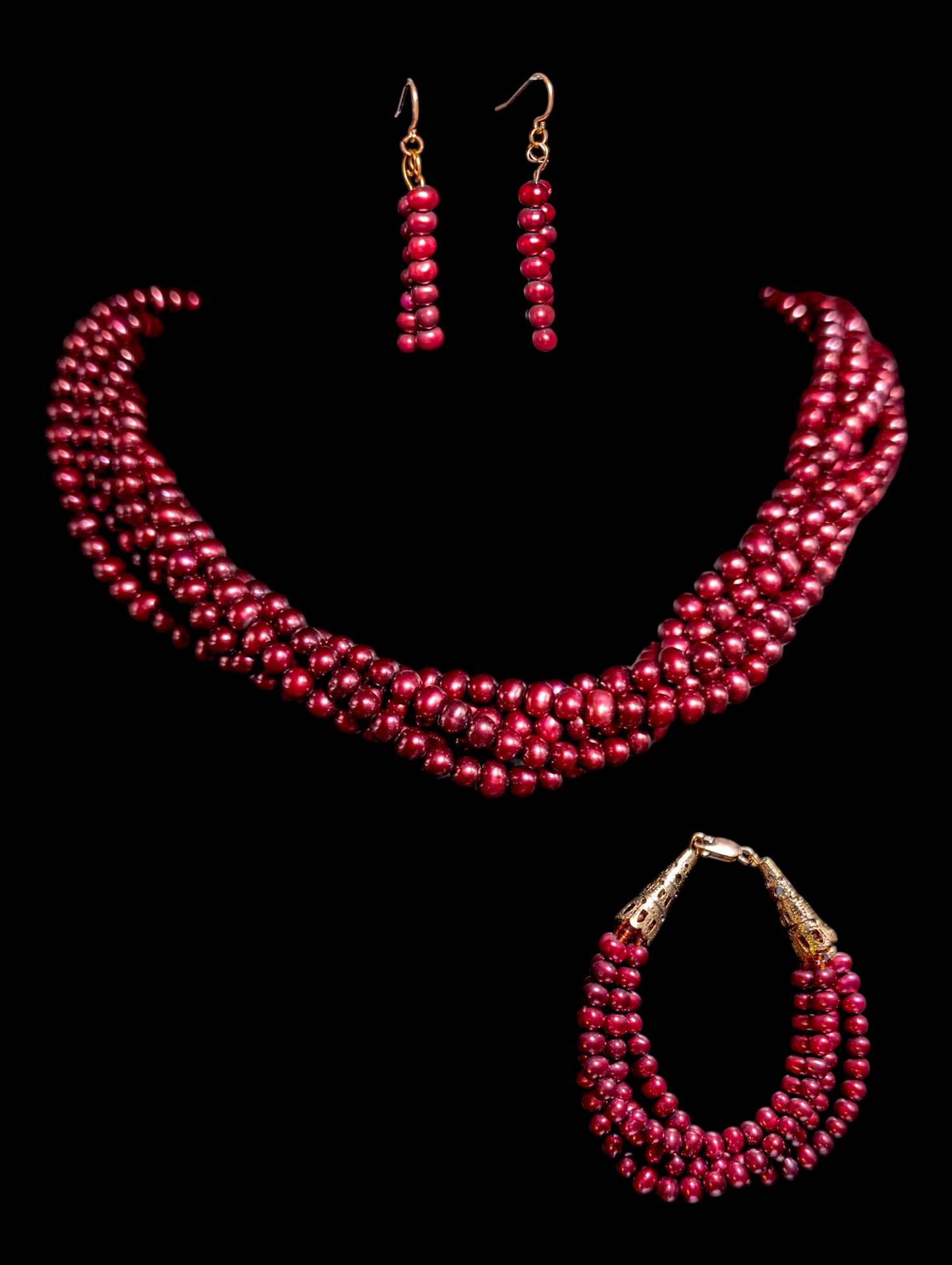 Vintage 3 Piece Set Genuine Cranberry Red Pearls Multi Strand 14k Gold Filled Necklace, Bracelet and Earrings Set