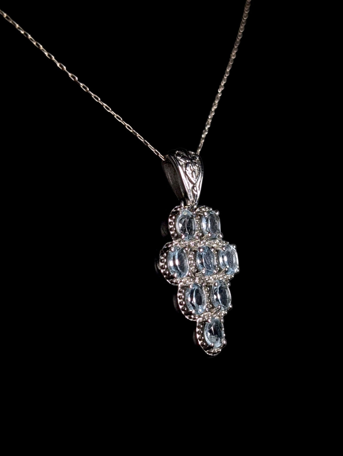 Vintage Oval Cut Genuine Sky Blue Topaz Stainless Steel Cluster Pendant