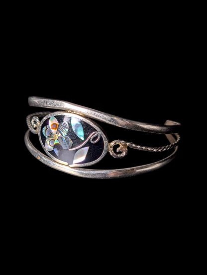 Vintage Flower Motif Abalone Inlay Enamel Alpaca Silver Cuff Bracelet
