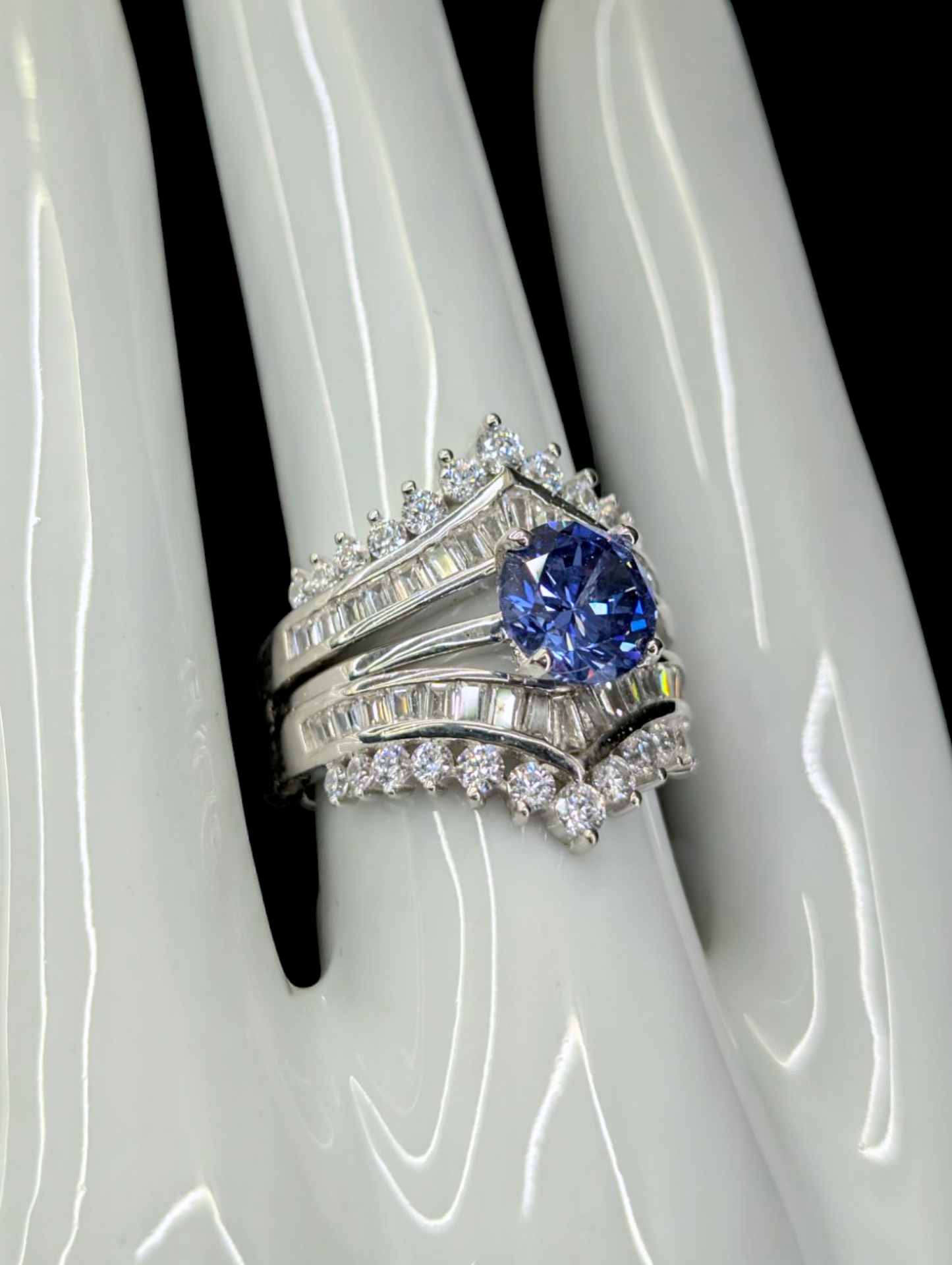 Vintage Inspired Simulated Tanzanite and Diamond 3 Piece Sterling Silver Ring Set