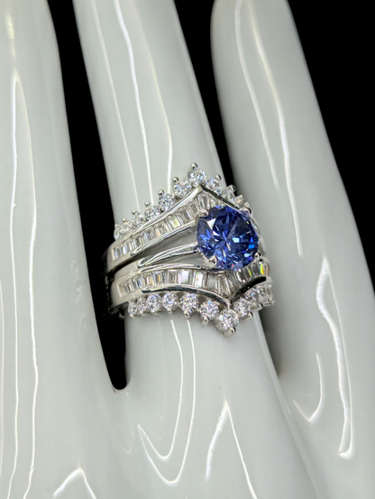 Vintage Inspired Simulated Tanzanite and Diamond 3 Piece Sterling Silver Ring Set