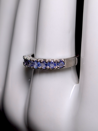 Vintage Half Eternity Band Round Cut Earth Mined Genuine Tanzanite Sterling Silver Ring