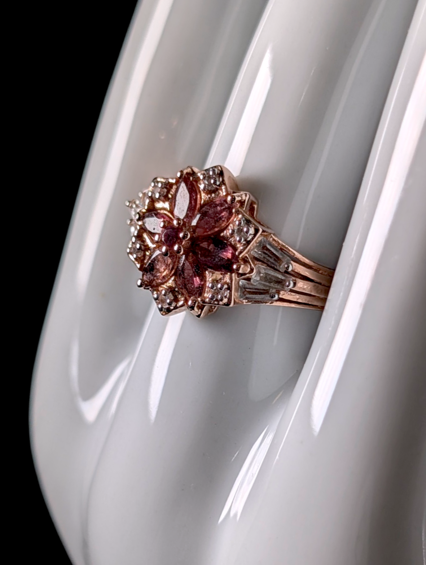 Vintage Star Flower Genuine Pink Tourmaline with White Topaz Accents 14kt Rose Gold over Sterling Silver Cluster Ring