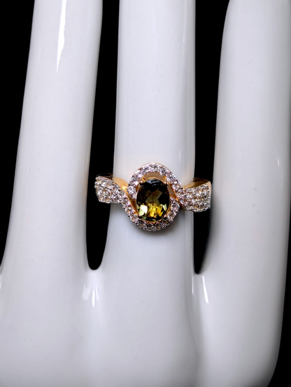 Vintage Oval Cut Genuine Moldavite Solitaire with White Zircon Accents 14kt Yellow Gold over Sterling Silver Cross Over Ring