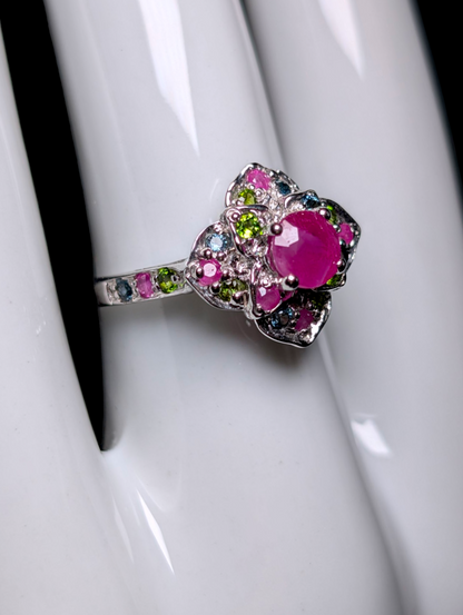 Vintage Multi-stone Earth Mined Round Cut Genuine Ruby Solitaire and Gemstone Custer Sterling Silver Ring