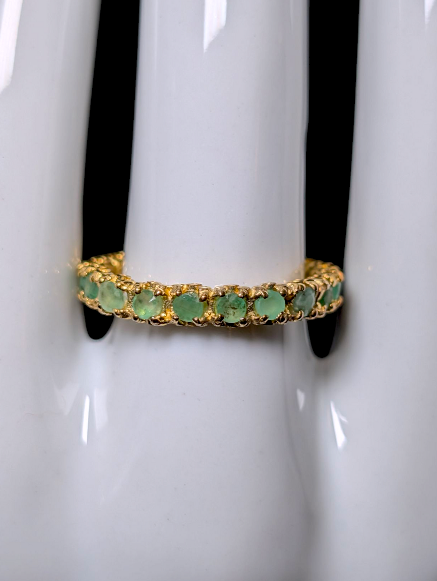 Vintage Inspired Round Cut Earth Mined Genuine Emerald 14k Yellow Gold over Sterling Eternity Band Ring