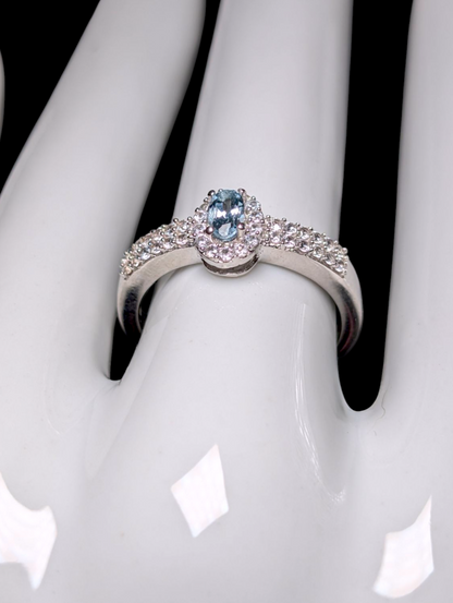 Vintage Dainty Oval Cut Solitaire Genuine Aquamarine and White Topaz Halo Sterling Silver Ring
