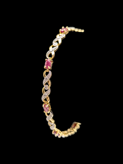 Vintage Oval Cut Earth Mined Genuine Ruby and Diamond Accent 18k Yellow Gold Vermeil Infinity Tennis Bracelet