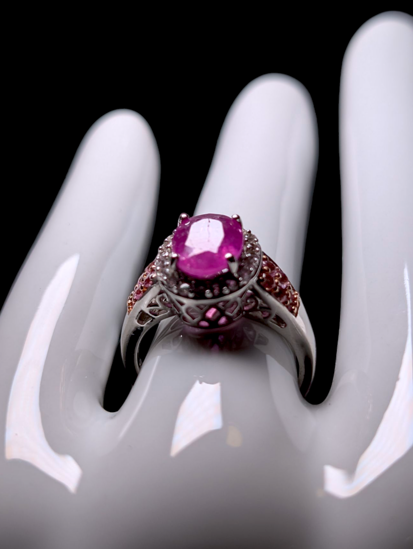 Vintage Oval Cut Earth Mined Genuine Ruby, Pink Sapphire and White Topaz Halo Sterling Silver Statement Ring
