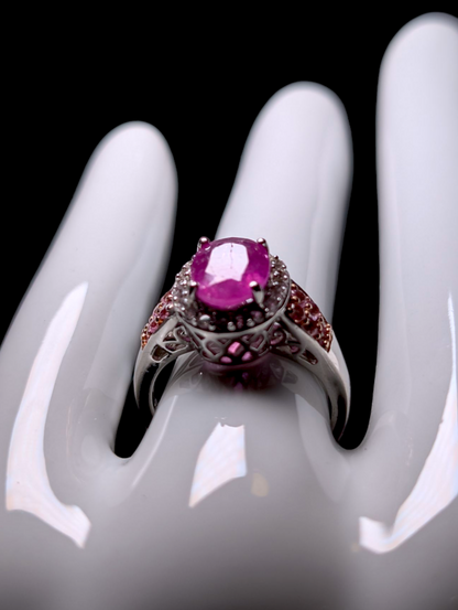 Vintage Oval Cut Earth Mined Genuine Ruby, Pink Sapphire and White Topaz Halo Sterling Silver Statement Ring